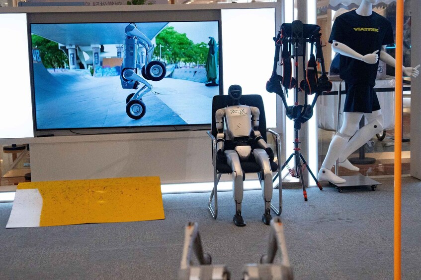 A robot in a wheelchair, a mannequin with a t-shirt, and a TV screen displaying a robot. 3