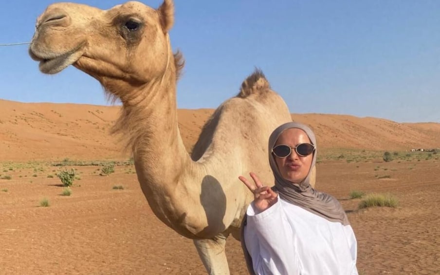 A camel and a person in a desert landscape. 2