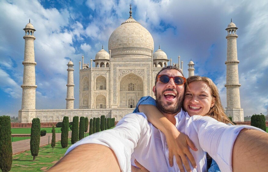 The Taj Mahal with its four minarets and large central dome. 1