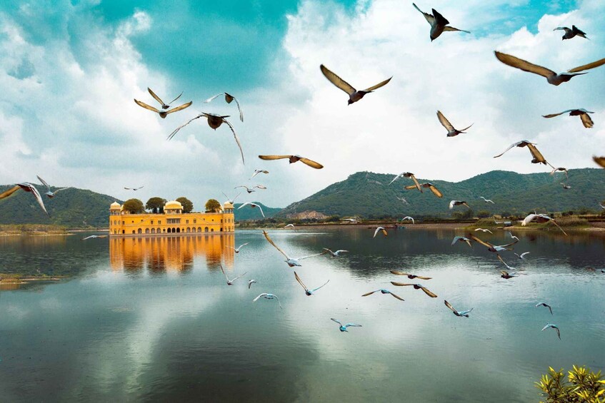 A yellow building on a lake with birds flying around it. 2