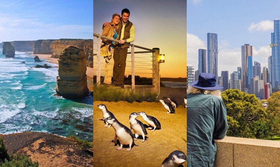 A coastal cliff, penguins on a beach, a couple on a balcony, and a cityscape. 1