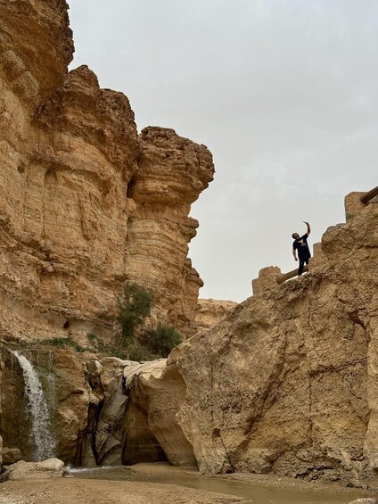 A person standing on a rock ledge in a canyon with a waterfall. 1