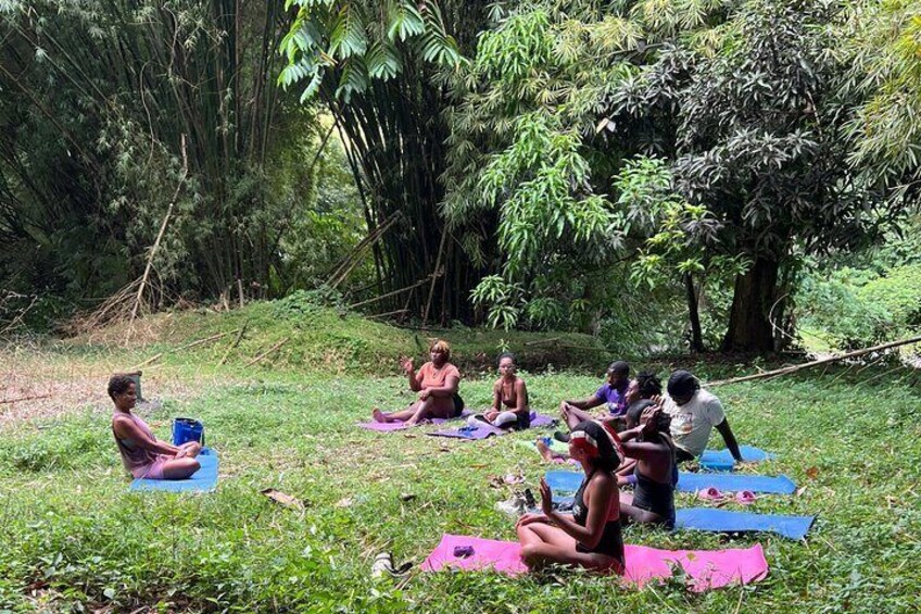 A group of people sitting on mats outdoors in a forested area. 1