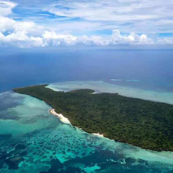 An aerial view of a tropical island with clear turquoise waters, a sandy beach, and dense green vegetation. 1