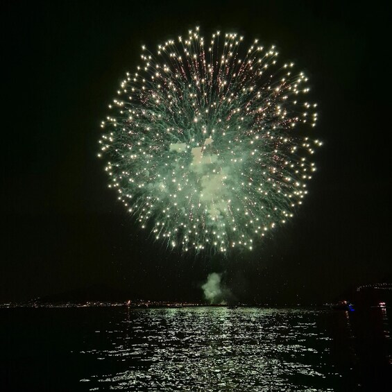 A large firework display over a body of water at night. 4