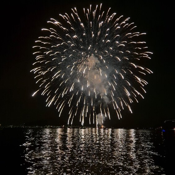 A fireworks display over a body of water at night. 3