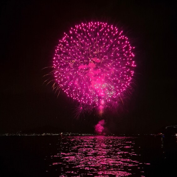 A large, circular firework display over a body of water at night. 2