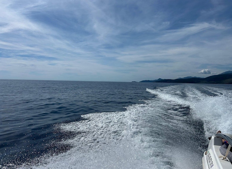 A boat moving through calm waters with a clear sky and distant mountains. 5