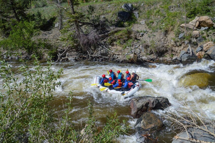 A group of people rafting down a river surrounded by rocks and greenery. 5