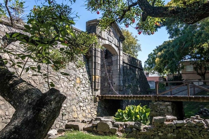 A stone bridge over a stone wall with a tree in the foreground. 4