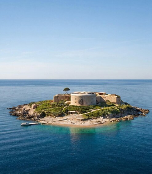 A coastal fortress on a small island surrounded by clear blue waters. 5