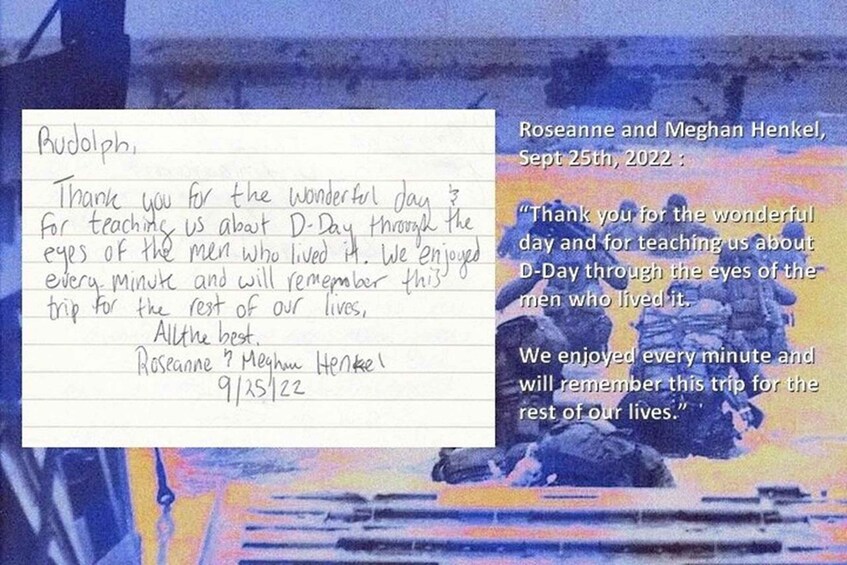 A handwritten note and a printed message on a background with a person in military attire. 2