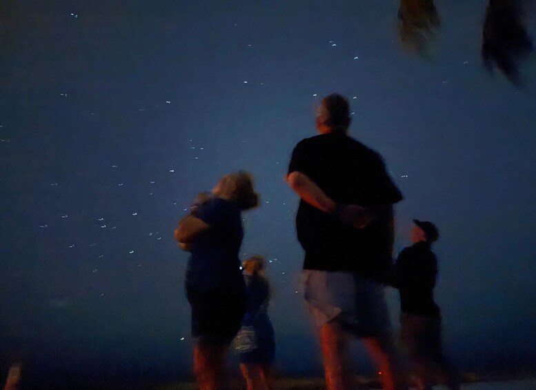 A group of people standing outdoors at night, looking at the sky. 4