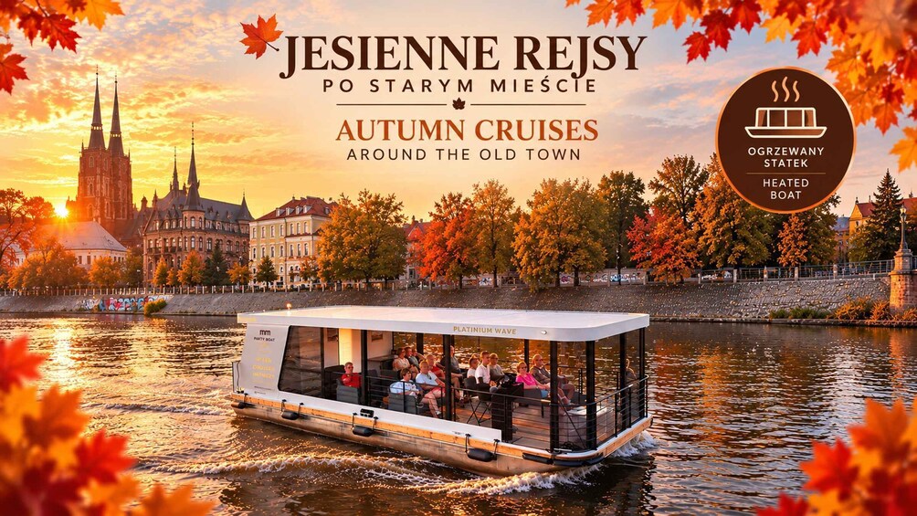 A boat with passengers on a river, surrounded by autumn trees and historic buildings. 2