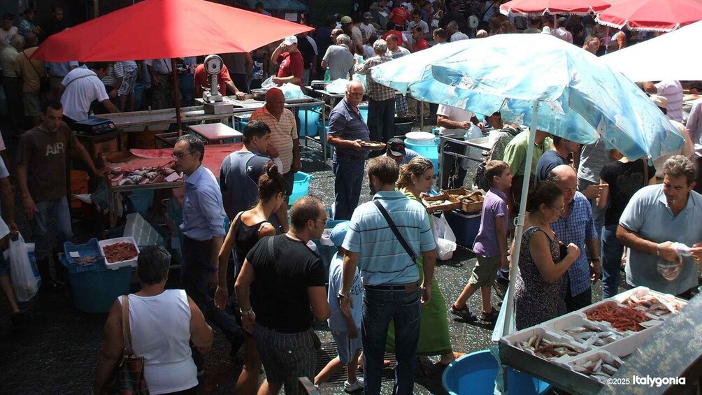 A busy outdoor market with people shopping and vendors selling goods under red and blue umbrellas. 5