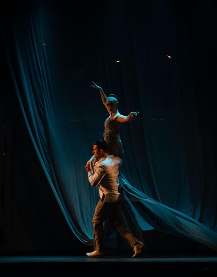 A ballet performance with a dancer in a sparkling dress and another in a suit, both on a stage with dark curtains. 2