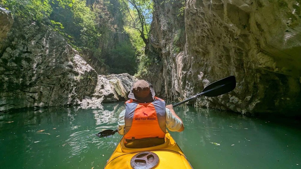 A person kayaking through a narrow canyon with rocky walls and green vegetation. 5