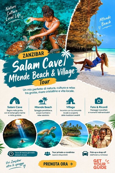 A travel advertisement for a tour in Zanzibar, featuring a cave, beach, and village. 1