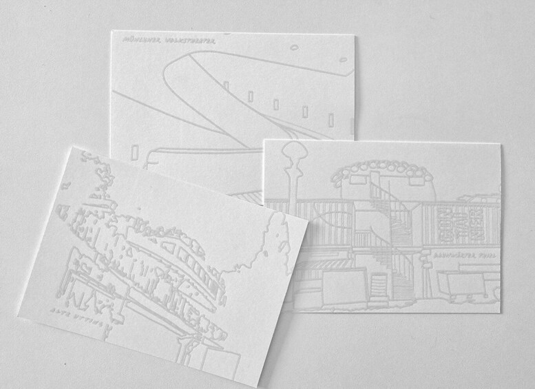 Three architectural drawings of buildings. 2