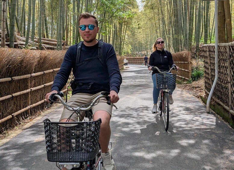 Two people riding bicycles on a paved path surrounded by bamboo trees. 1