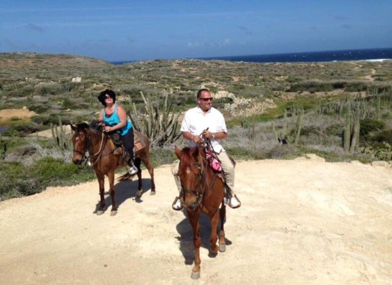 Two people riding horses on a dirt path with sparse vegetation and a coastal landscape in the background. 2