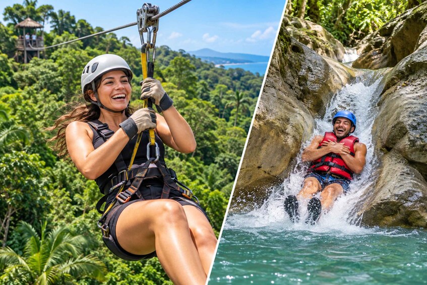 A person zip-lining through a forest canopy, another person rafting down a waterfall. 1