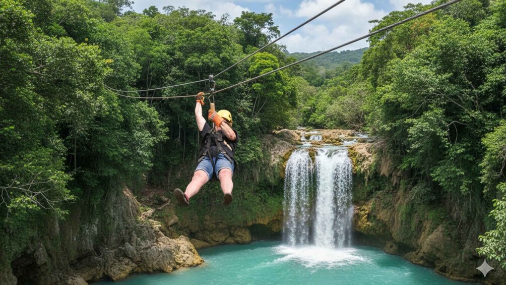 A person zip-lining over a waterfall surrounded by lush greenery. 1