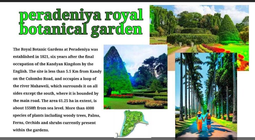 The Peradeniya Royal Botanical Garden with lush greenery, a map inset, and a pathway with people walking. 1