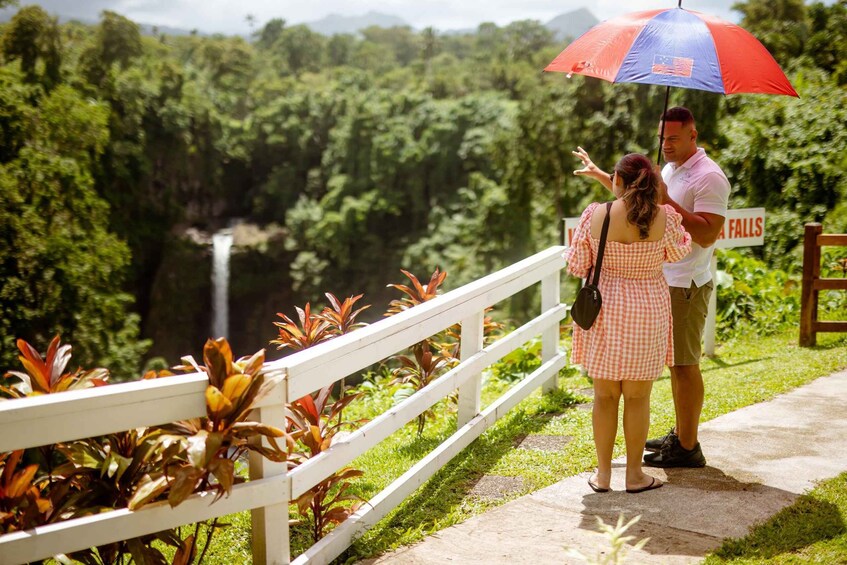 A couple standing on a path with a view of a waterfall and lush greenery. 1