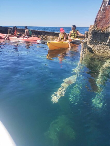 People kayaking in clear blue water near a rocky shore. 5