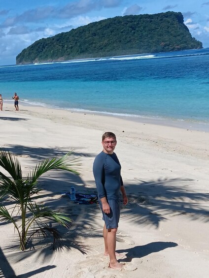 A beach with a person standing, palm trees, and a distant island. 3
