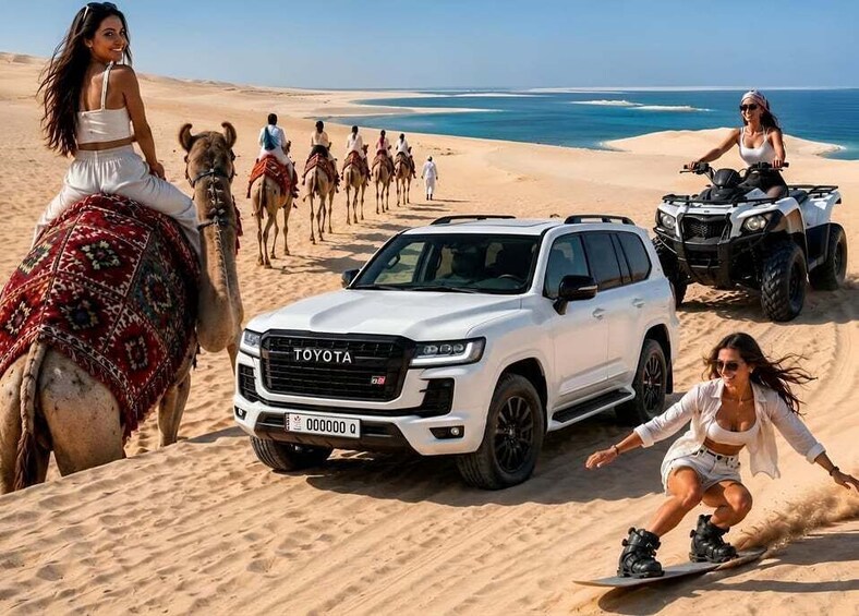 A desert landscape with a Toyota SUV, camels, and people riding ATVs. 1