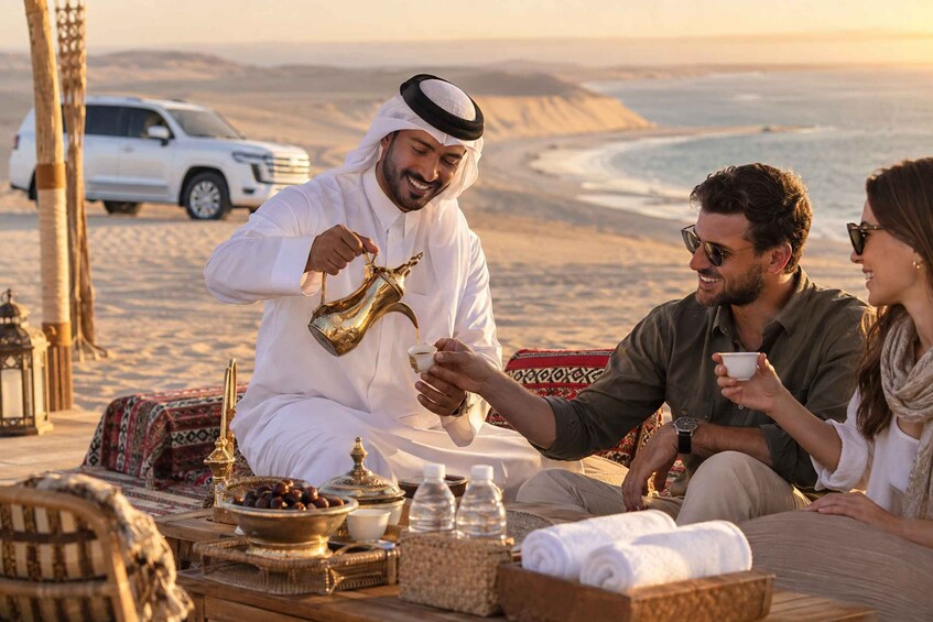A desert scene with a person pouring coffee, a white car, and a beach in the background. 5