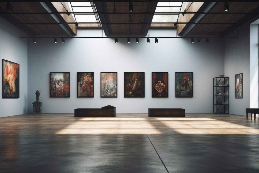 Taidegalleria, jonka seinillä on maalauksia ja jonka keskellä on penkkejä. 4