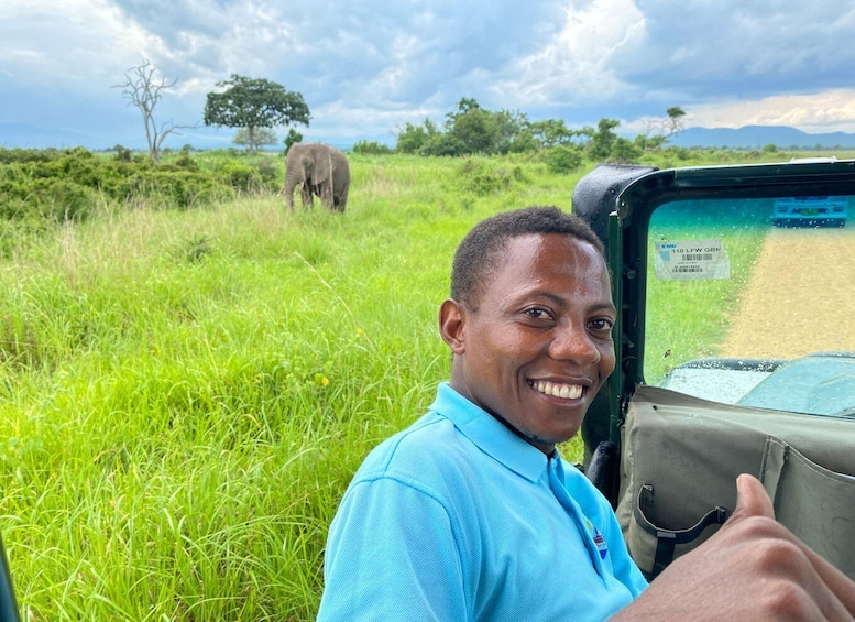 Una persona con una camisa azul sentada en un vehículo, con un paso de cebra al fondo, un elefante y un cielo nublado. 3