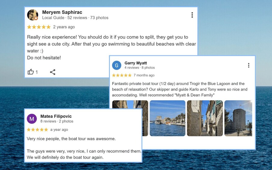 A testimonial review with a 5-star rating, mentioning a nice experience and a boat tour. 3