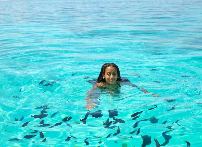 A person swimming in clear turquoise water with various fish visible. 5