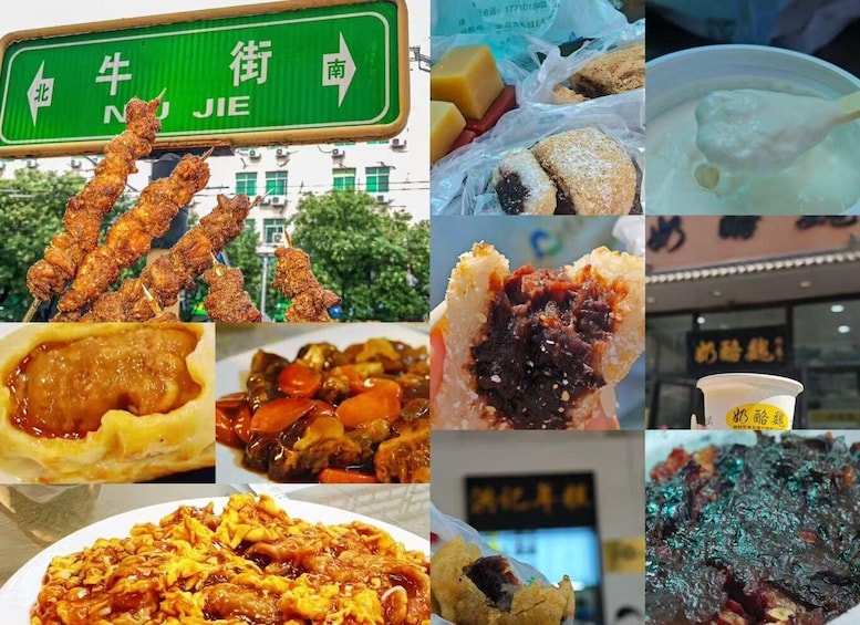 A street sign, fried chicken skewers, a dessert with a creamy topping, a bowl of soup, a dish with vegetables and sauce, a dessert with a dark filling, and a dessert with a green topping. 3