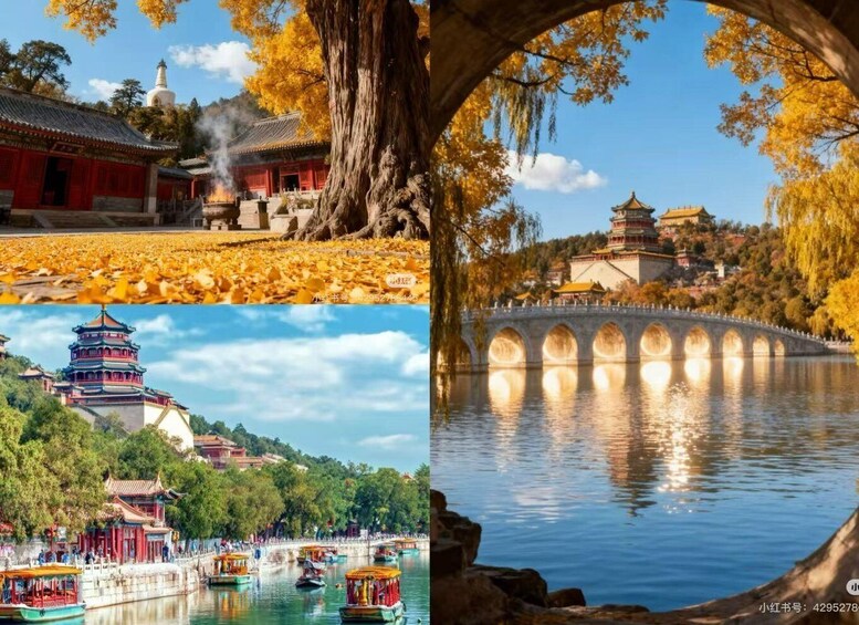 A pagoda, a traditional Chinese building, a bridge over water, and a temple with autumn leaves. 5