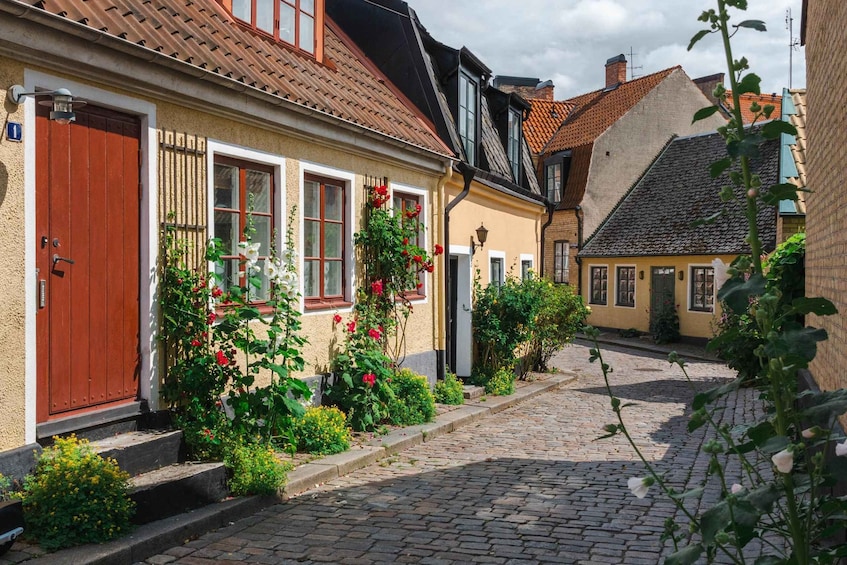A cobblestone street lined with traditional European houses, featuring red doors and blooming flowers. 1