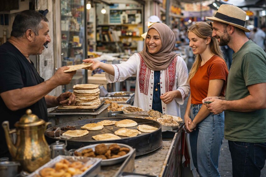 People at a food stall with various dishes and a brass teapot. 2