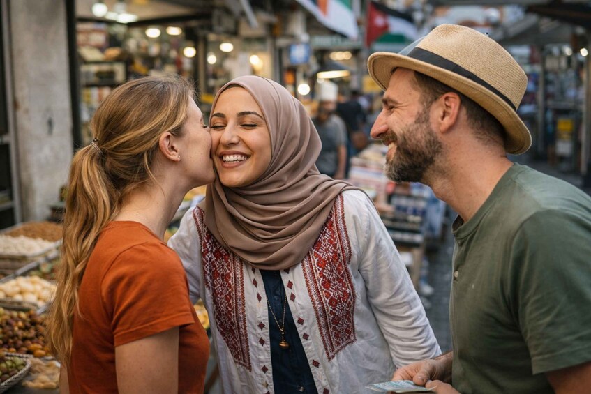 Three people in a market with various food items. 5
