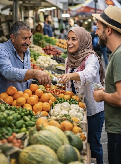 A market with various fruits and vegetables on display. 3