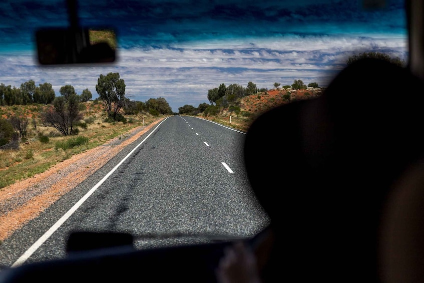 A road stretching into the distance with a clear sky and sparse vegetation. 5