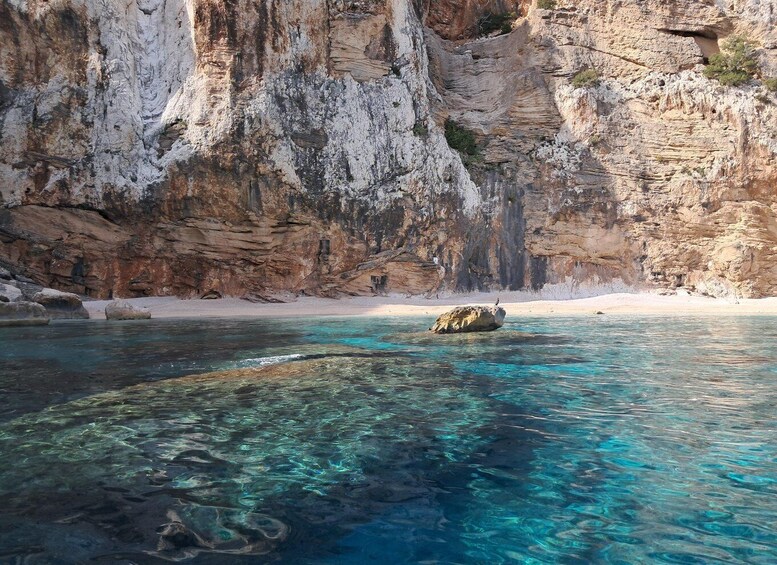 A clear blue sea with a rocky cliff and a small island. 5