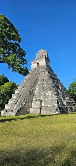 A large pyramid-like structure with a small window at the top, surrounded by grass and trees. 2