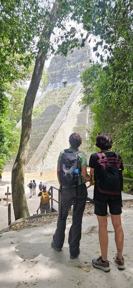 A group of people standing at the base of a large stone staircase leading up to a pyramid. 4