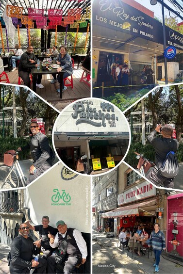 Outdoor dining areas, a restaurant named 'Los Mejores en Polanco,' and a bike tour sign. 2