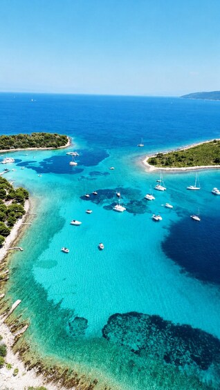 A turquoise sea with boats anchored near a coastal area with greenery. 1
