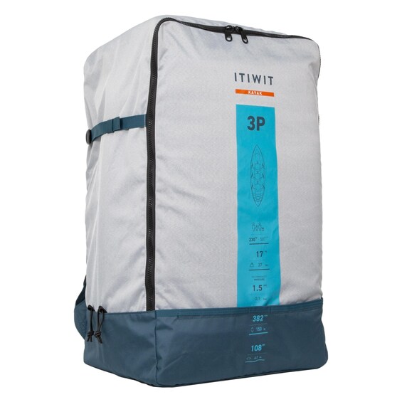 A 3P kayak bag with capacity details and dimensions. 2